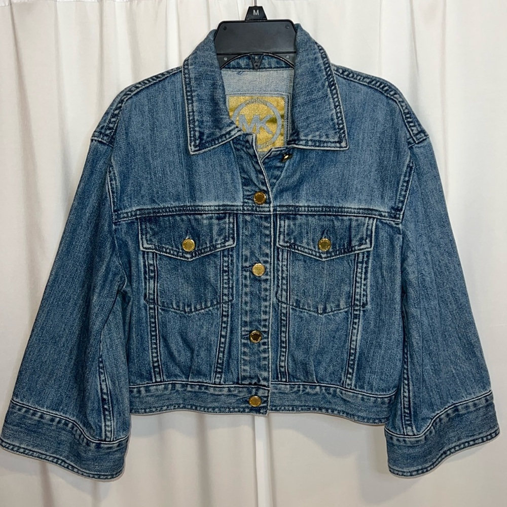 MICHAEL Michael Kors Cropped Denim Jacket Medium Wash with Gold Buttons | Size M